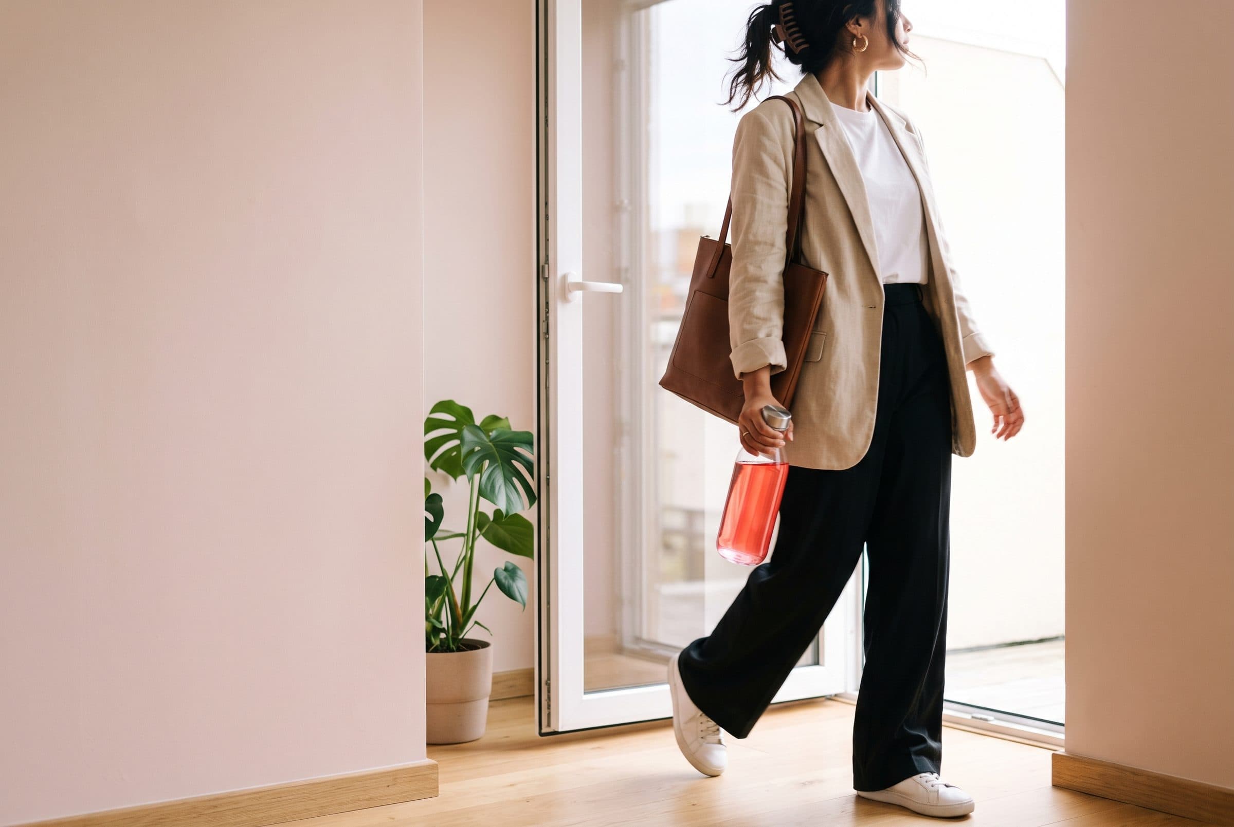 A young woman in a beige blazer heads out of the door for work, carrying a bottle of pink water