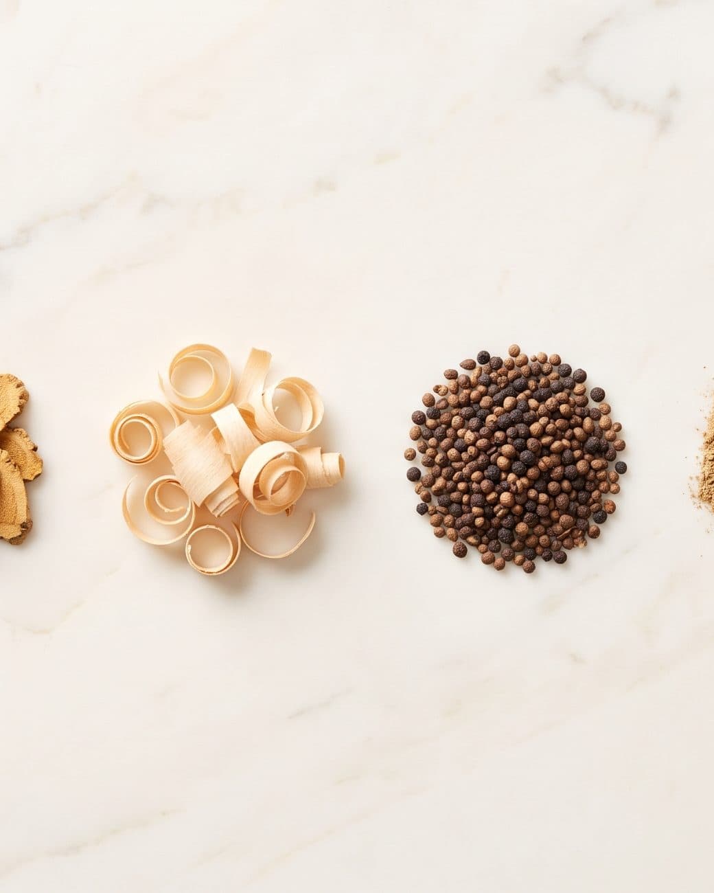 Dried roots, wood shavings and seeds laid out in a row on marble