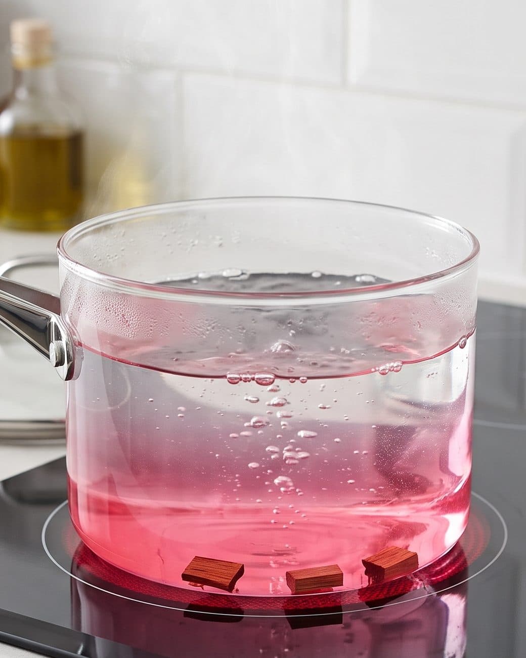 Water turning pink in a glass pan over a few pieces of sappan heartwood