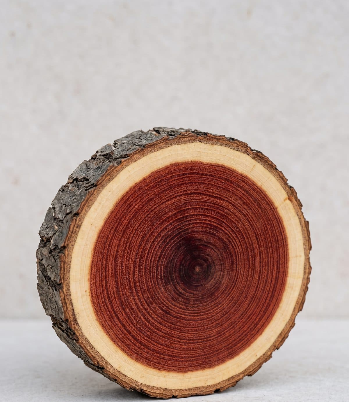 A cross-section of a tree trunk showing bark, pale sapwood and a red heartwood core