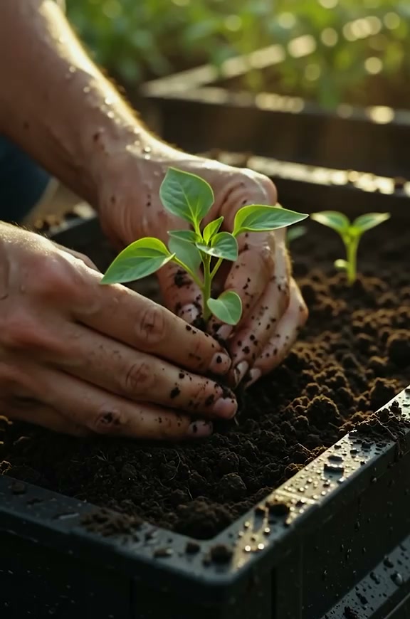 Hands planting a young seedling into a soil tray
